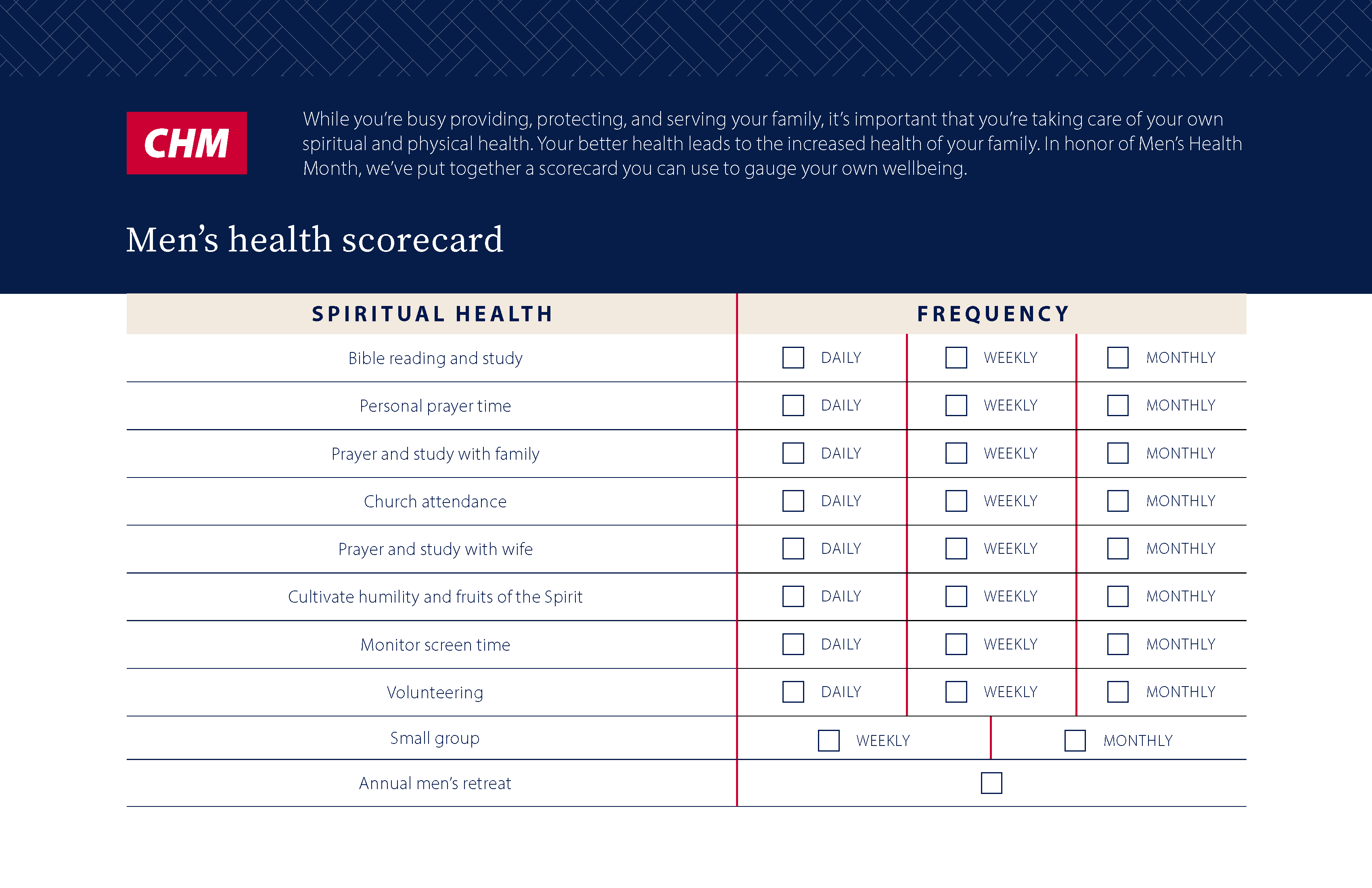 Health check for men's health. Christian Healthcare Ministries